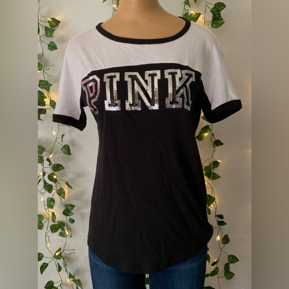 Victoria Secret Black, White & Sequins Short Sleeve T Shirt Size Small N…